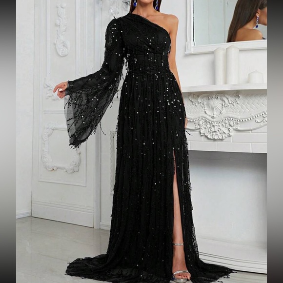 Luxe one shoulder slit thigh party prom wedding holidays sequins dress - Picture 5 of 8